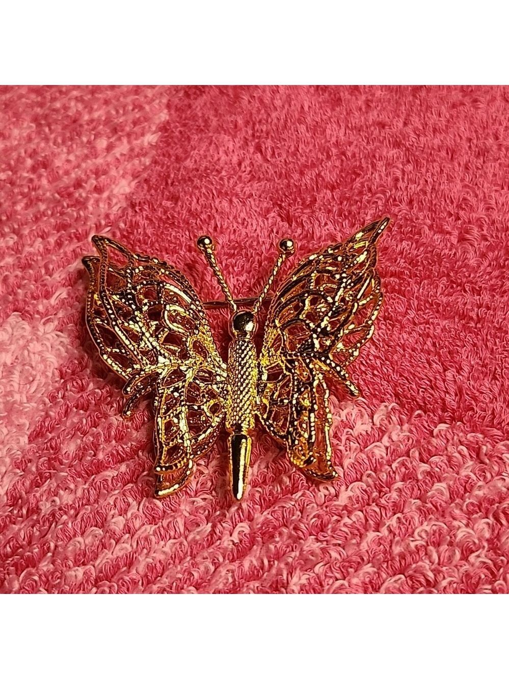 Vintage MONET Gold Butterfly Brooch. Antique Bronze Filigree